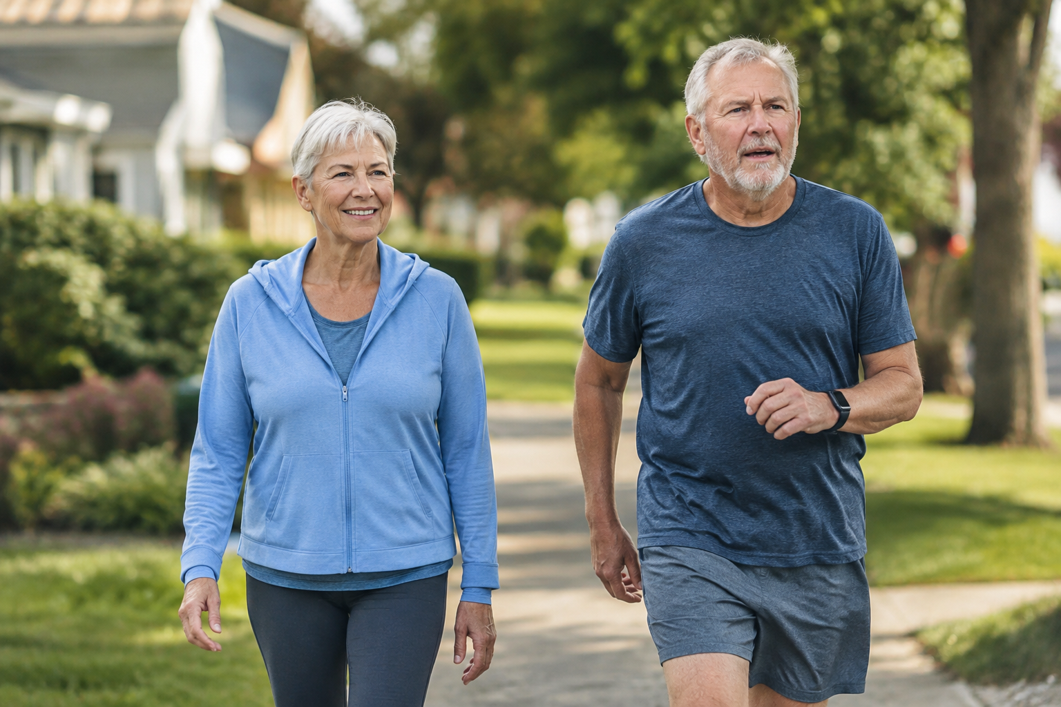 Two older adults walking together at different effort levels