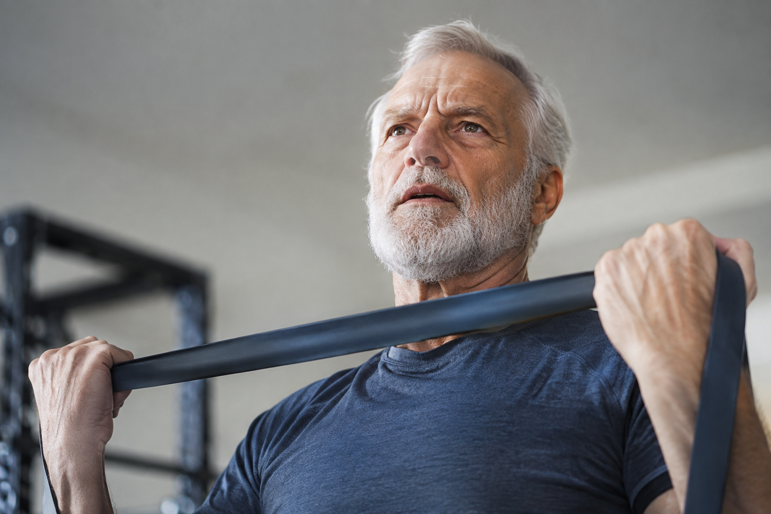 Senior man showing focused effort and body awareness during a resistance exercise