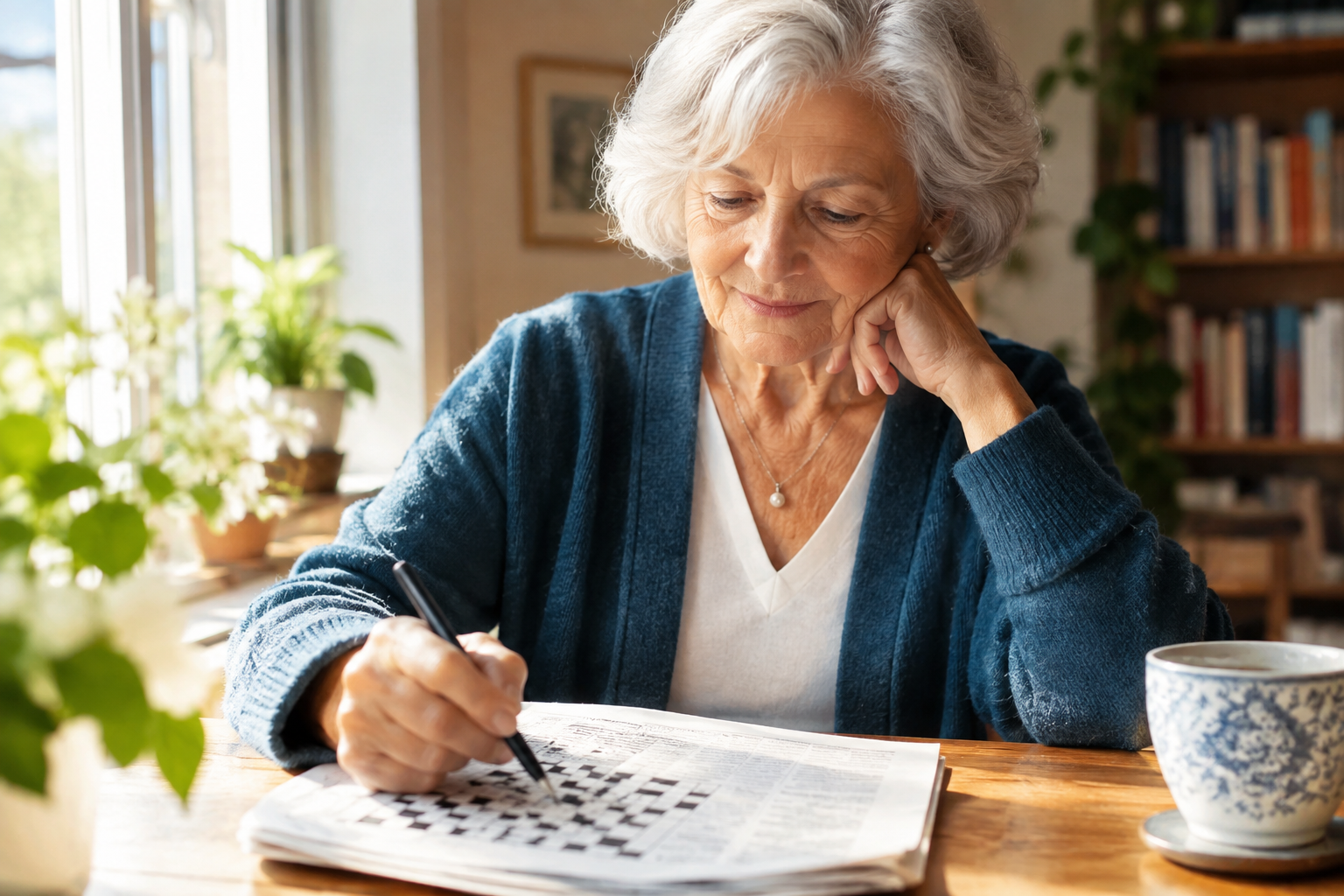 Senior woman engaged in a mentally stimulating activity, representing brain health research