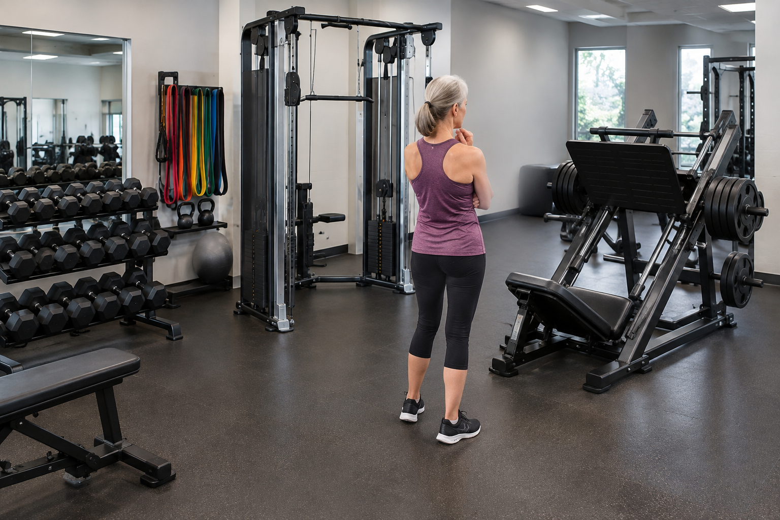 Senior woman choosing between different strength training equipment options in a gym