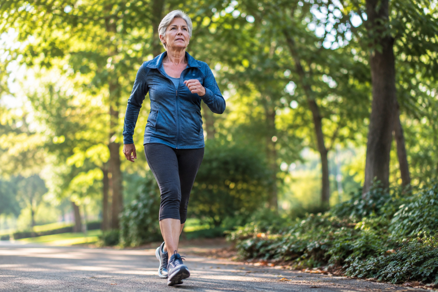 Senior woman walking briskly outdoors, gauging her exercise effort level