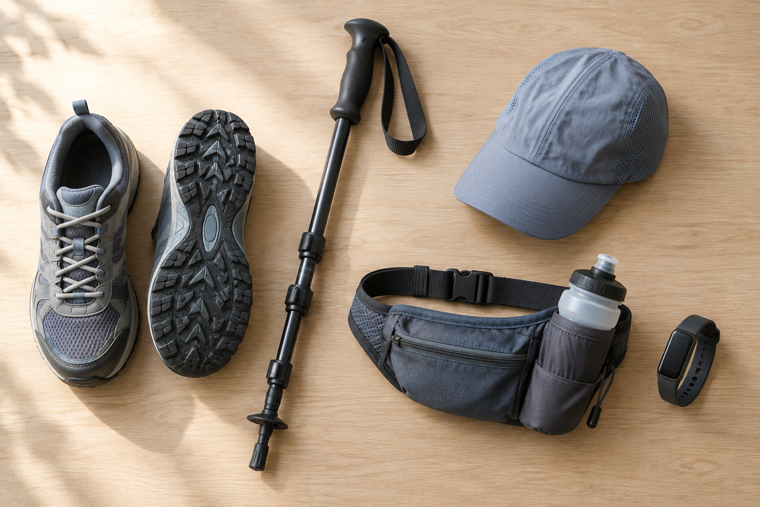 Flat lay of walking shoes, poles, water bottle, and fitness tracker for senior walkers