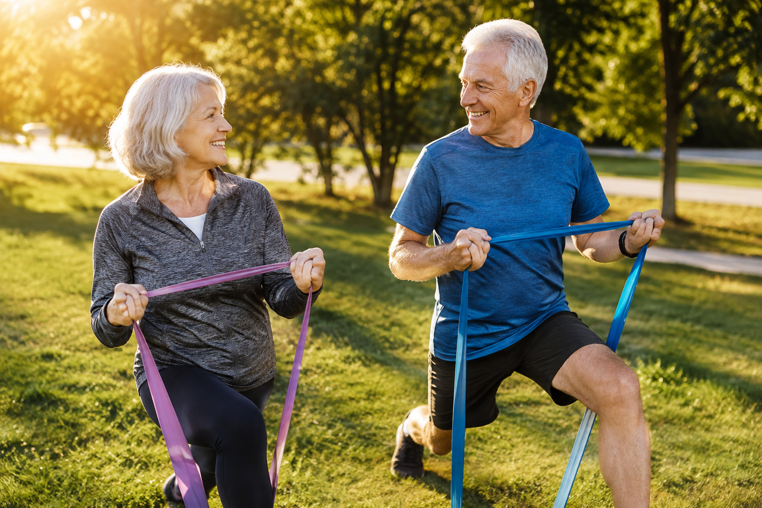 Senior couple exercising together outdoors, illustrating consistent training routines