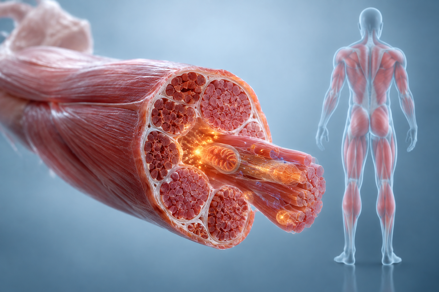 Illustration of muscle tissue representing how creatine fuels cellular energy in the body