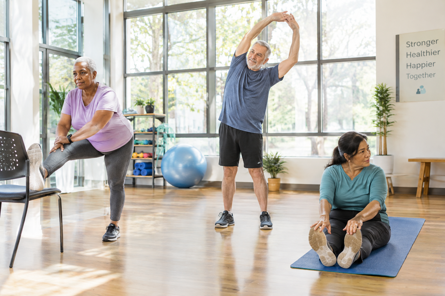 Diverse group of seniors stretching differently based on individual body needs