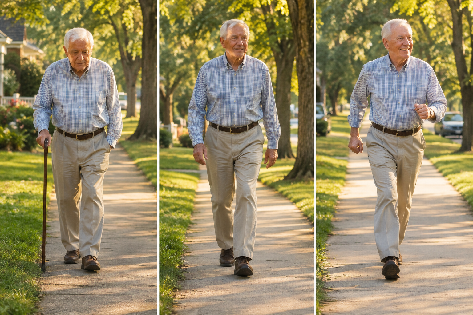 Senior man's walking pace progressing from slow to brisk over time