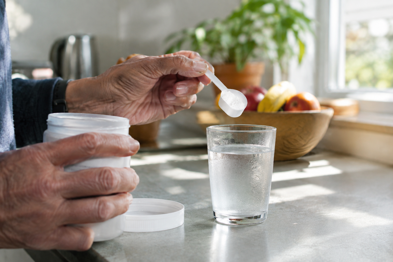 Elderly person measuring a small scoop of creatine powder into a glass of water