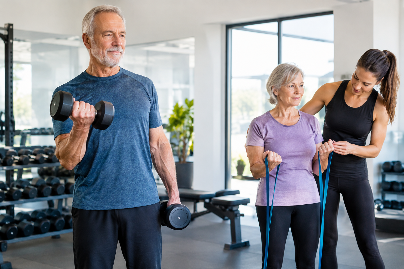 Two seniors with different strength training experience levels exercising in a gym