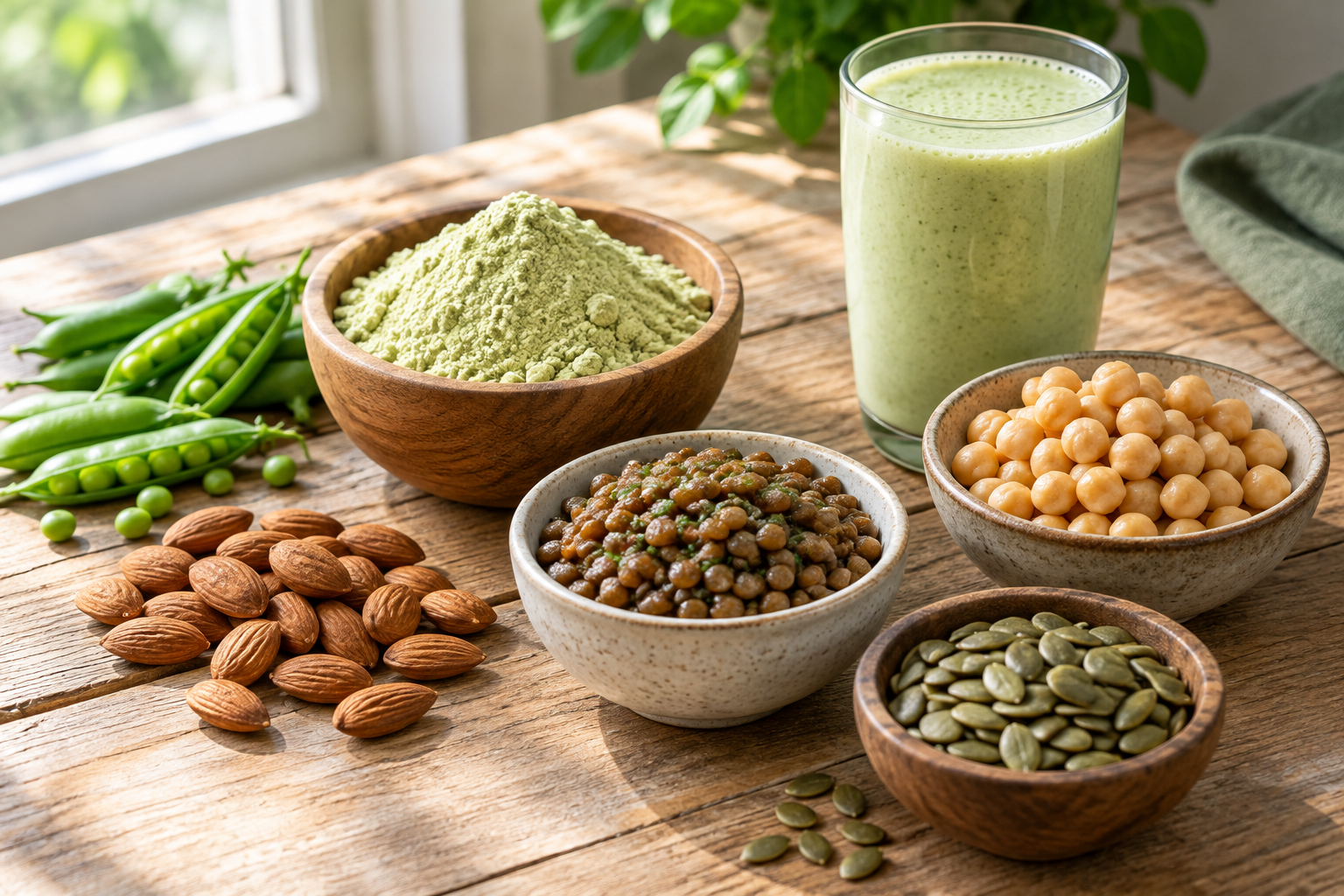 Assortment of plant-based protein foods including lentils, chickpeas, and pea protein powder