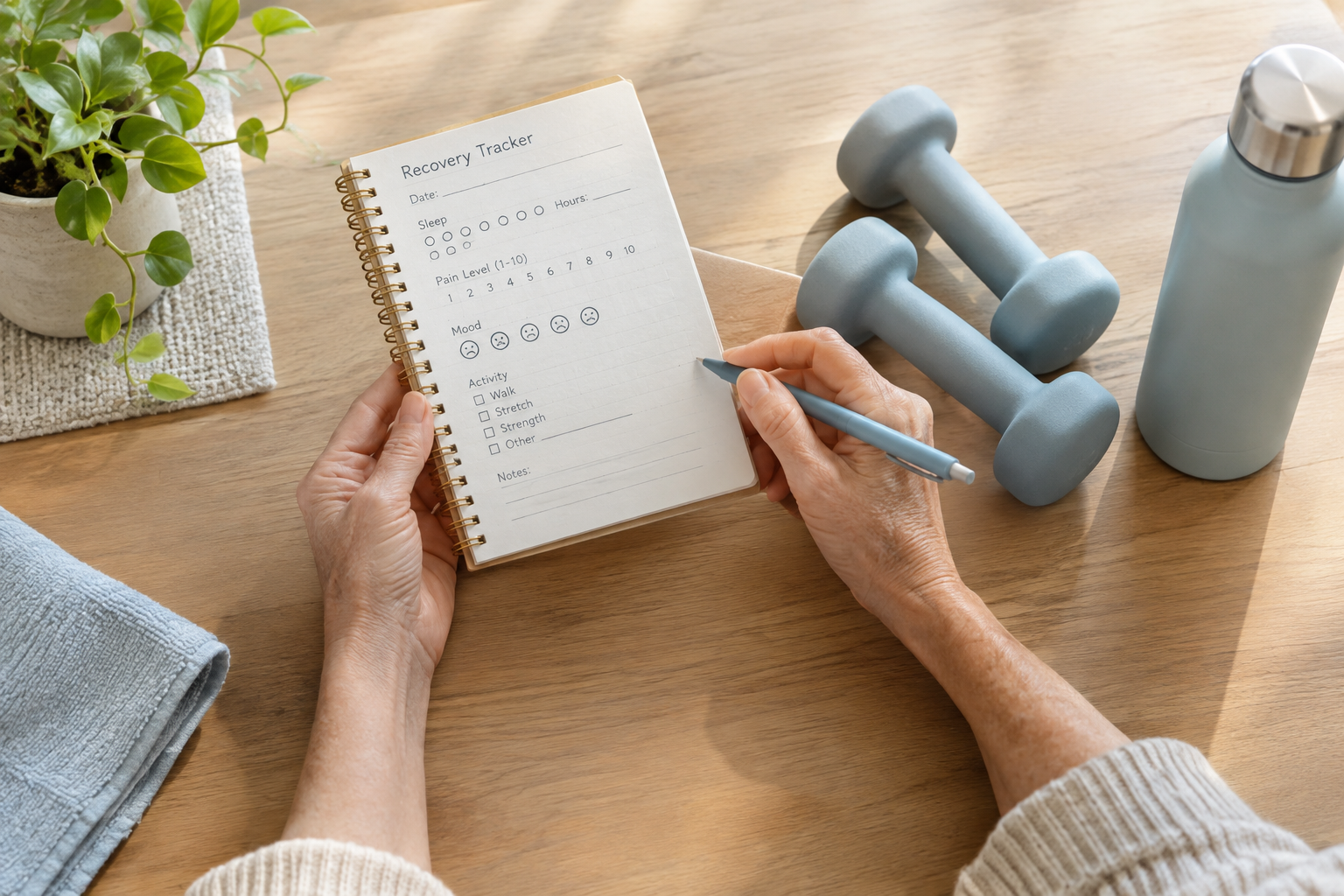 Senior tracking workout recovery details next to dumbbells and notebook