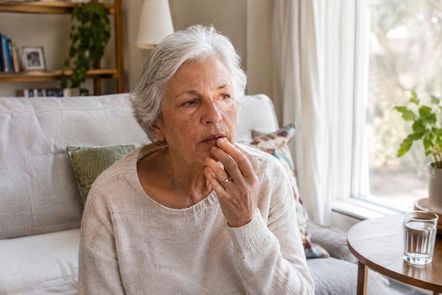 Elderly person showing subtle signs of dehydration such as dry lips and fatigue