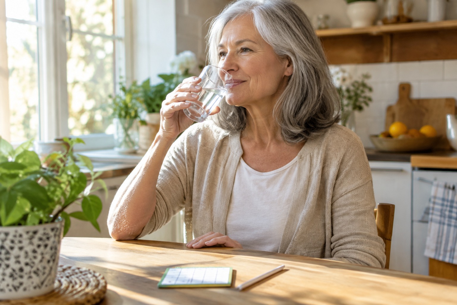 Older woman drinking water as part of a daily hydration routine