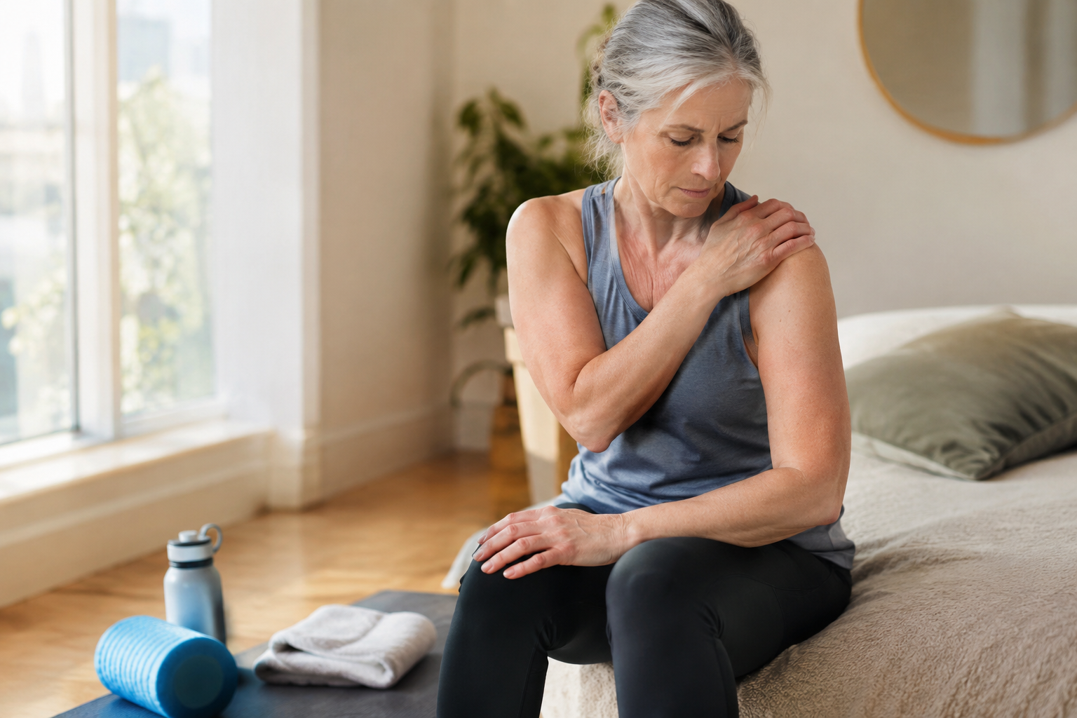 Senior woman attentively checking her body for signs of soreness during post-exercise recovery
