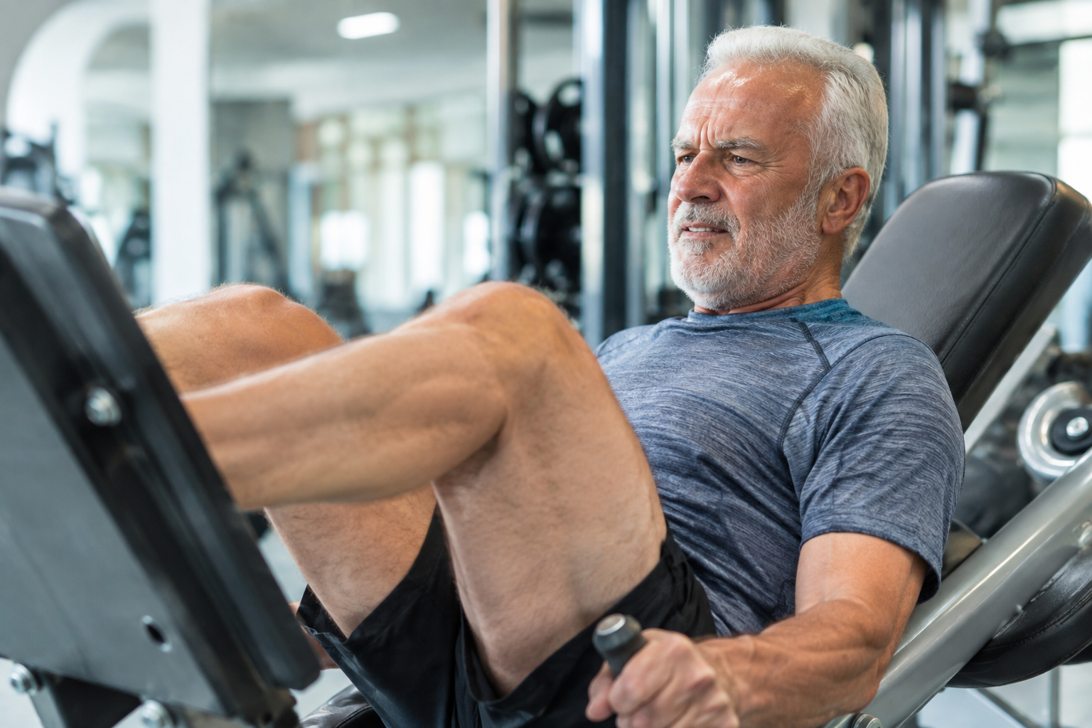Elderly man showing visible effort while using a leg press machine, illustrating perceived exertion during strength training