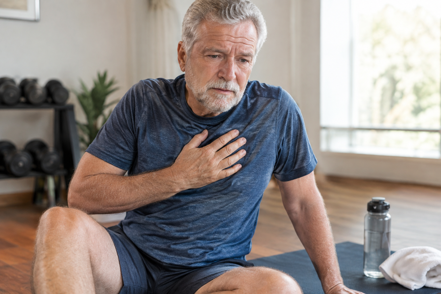 Senior man pausing during exercise cool-down, checking how his body feels
