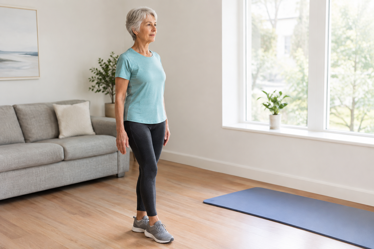Elderly woman demonstrating correct heel-to-toe tandem stance position for balance testing