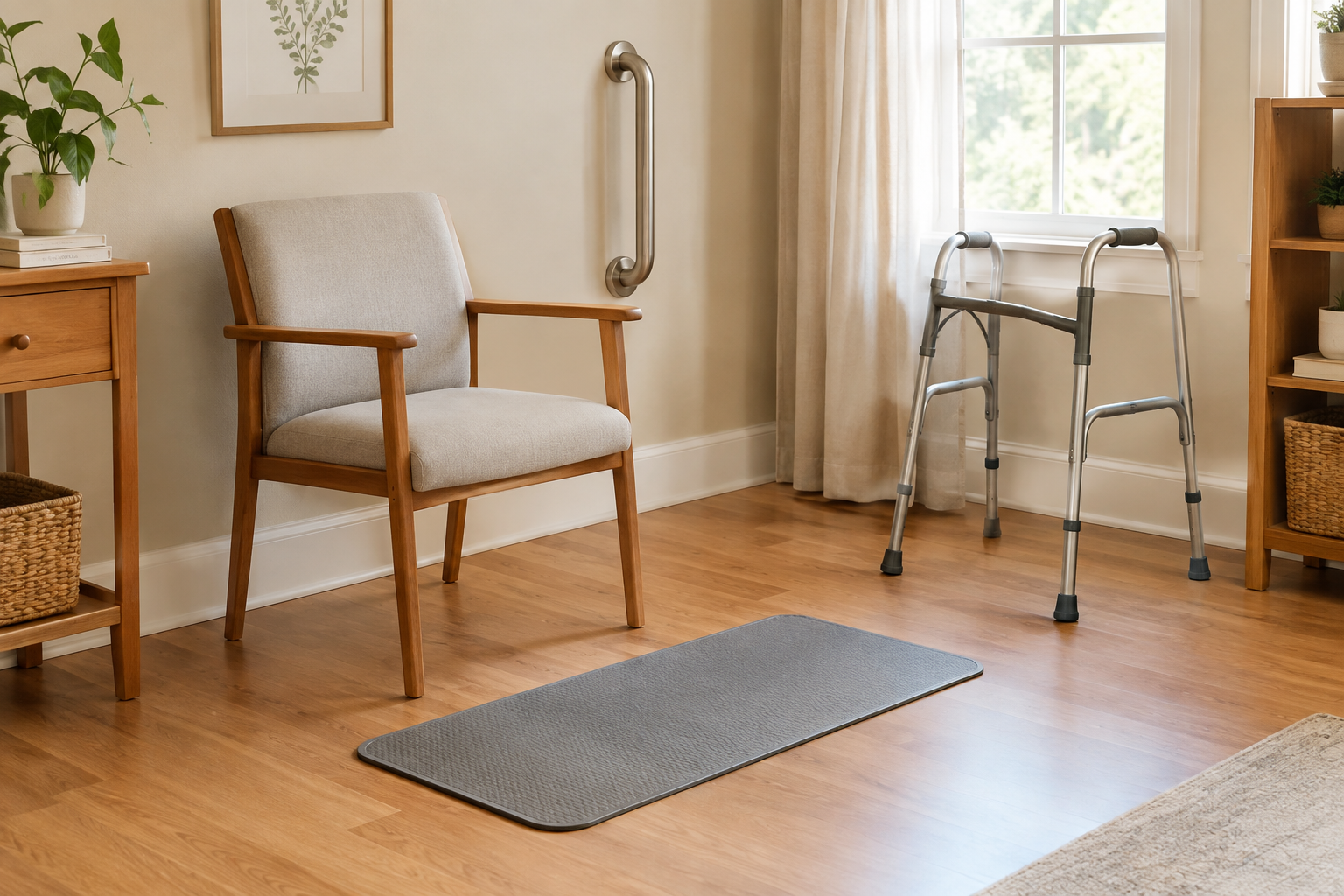 Home exercise space set up with a sturdy chair, grab bar, and walker for safe standing practice