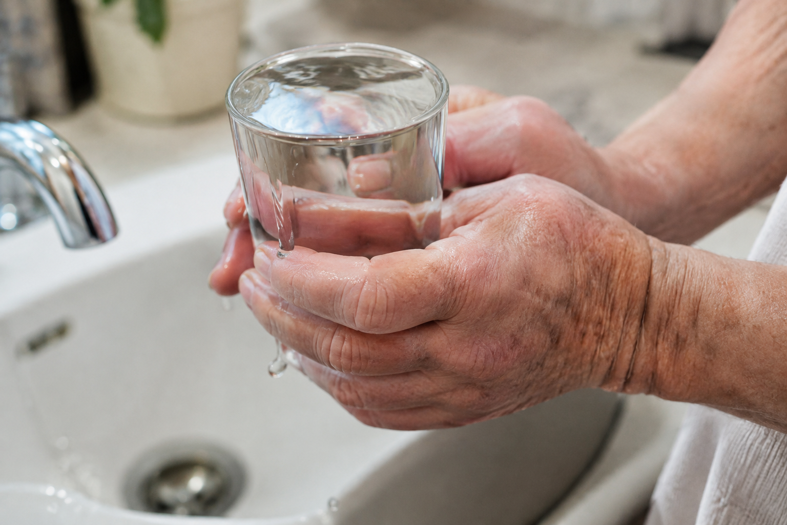 Close-up of elderly hands holding a glass of water with signs of overhydration