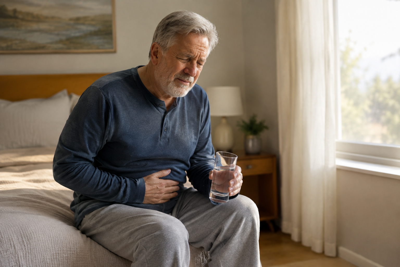 Senior man looking tired and uncomfortable while sitting on his bed