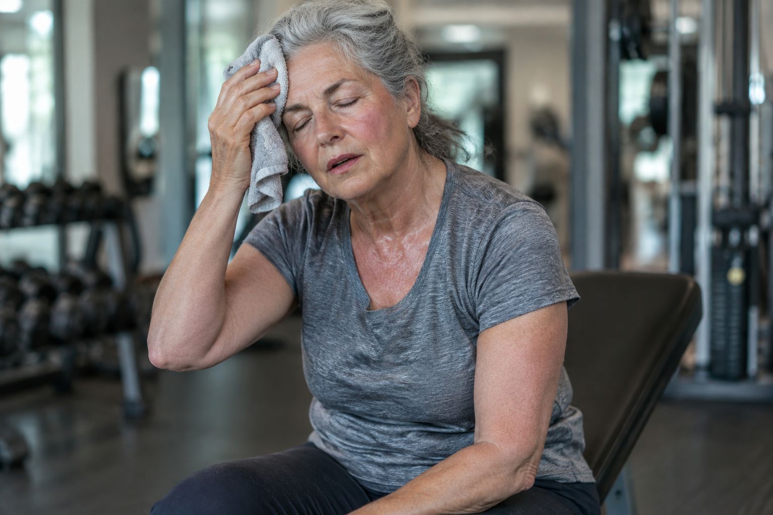 Senior woman visibly fatigued and resting during a workout, showing signs she needs more recovery time