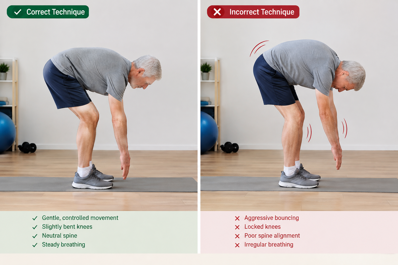 Senior demonstrating safe controlled stretching form instead of bouncing