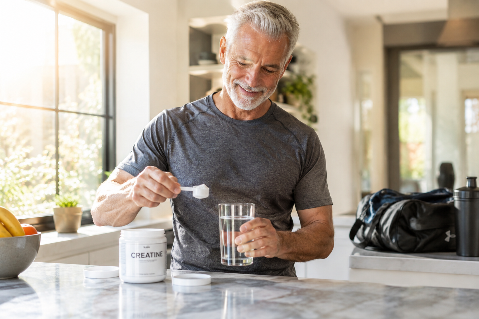 Senior man preparing a creatine supplement drink in his kitchen