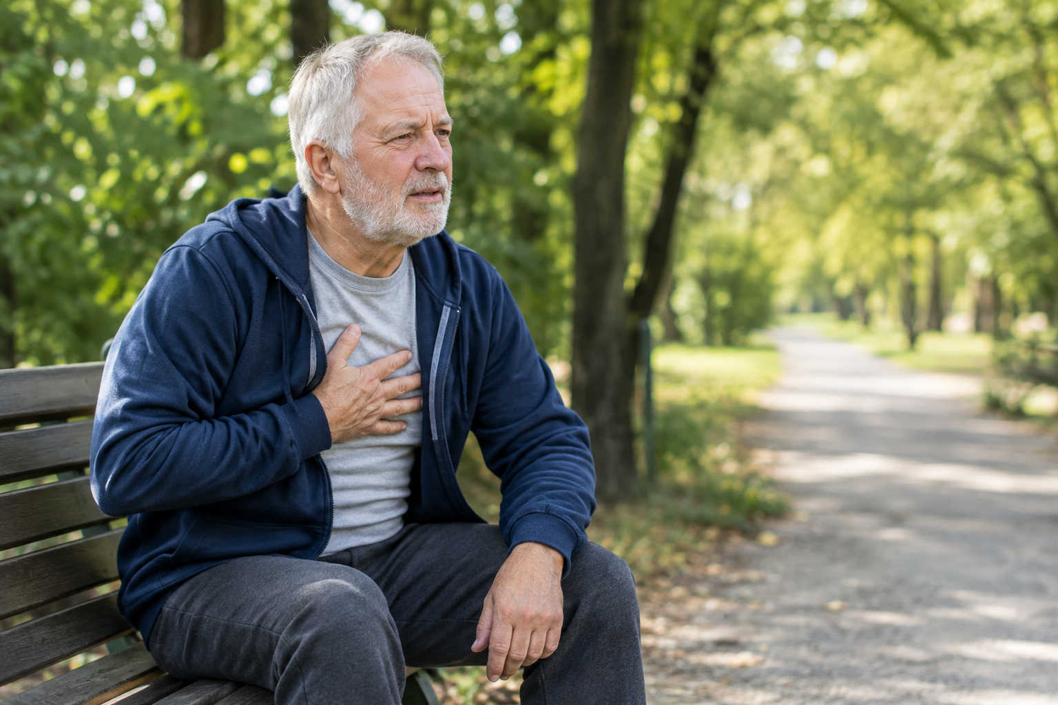 Senior man resting on a bench, illustrating warning signs to stop during exercise