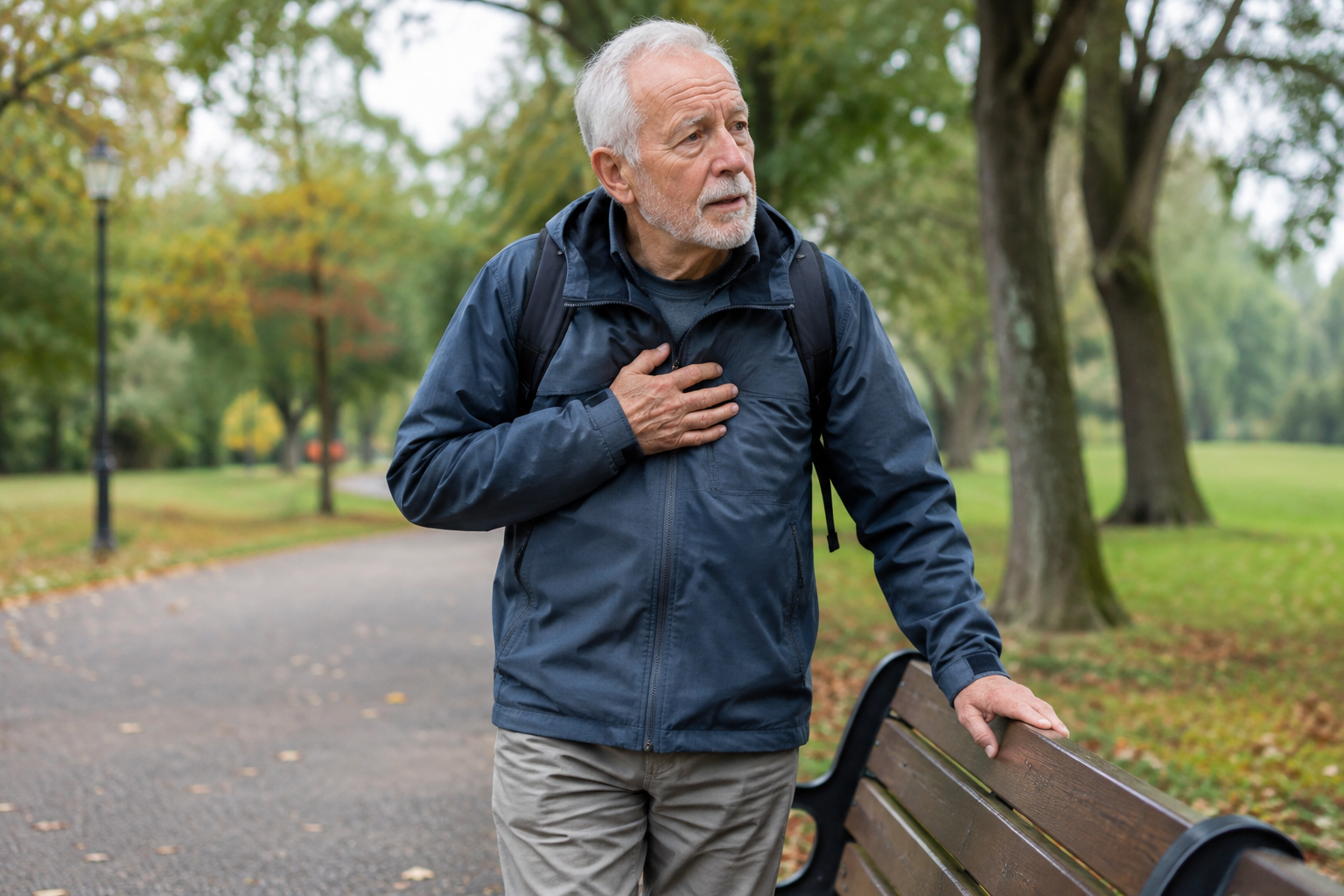 Elderly man pausing to rest during a walk, listening to his body