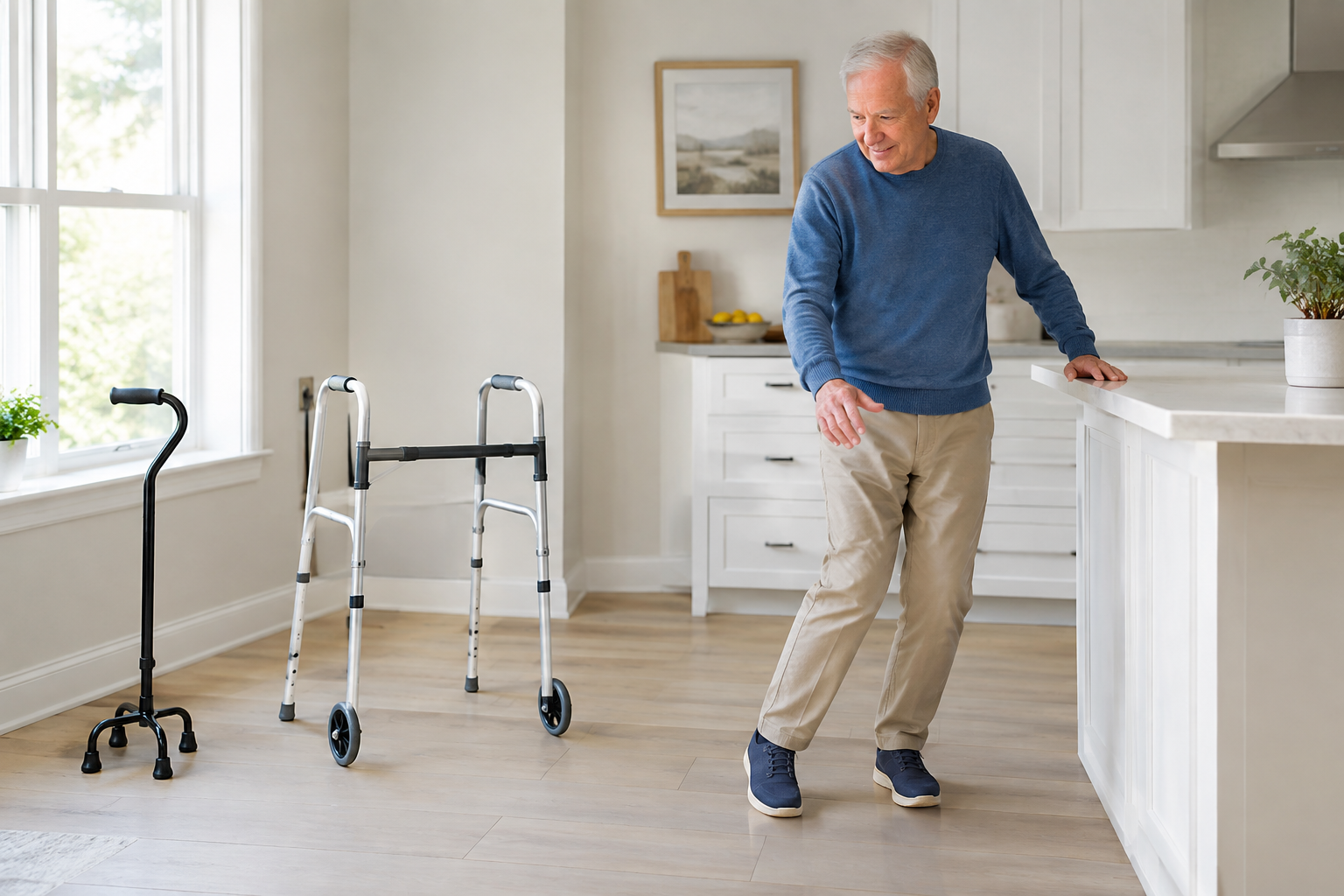 Elderly man using a countertop for support while practicing balance, with a cane and walker nearby