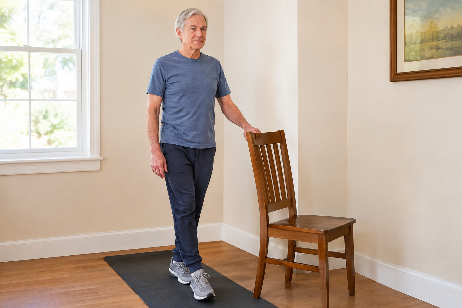 Senior man using a chair for support while practicing tandem stance balance exercise