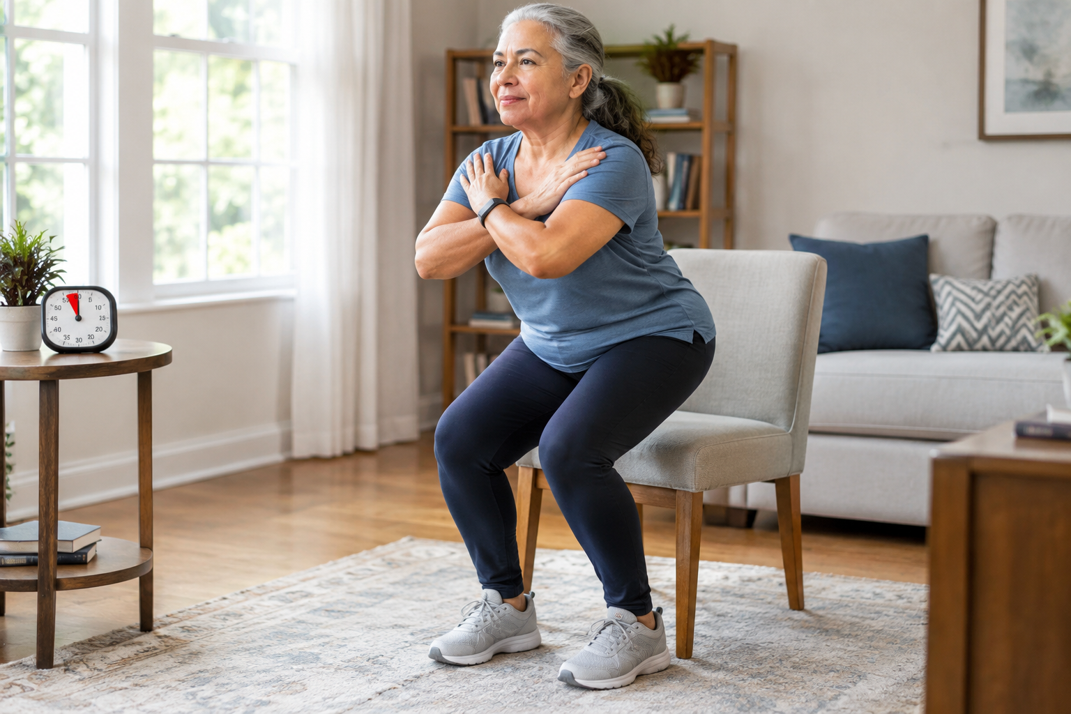 Older adult performing a timed sit-to-stand test from a chair in a bright living room