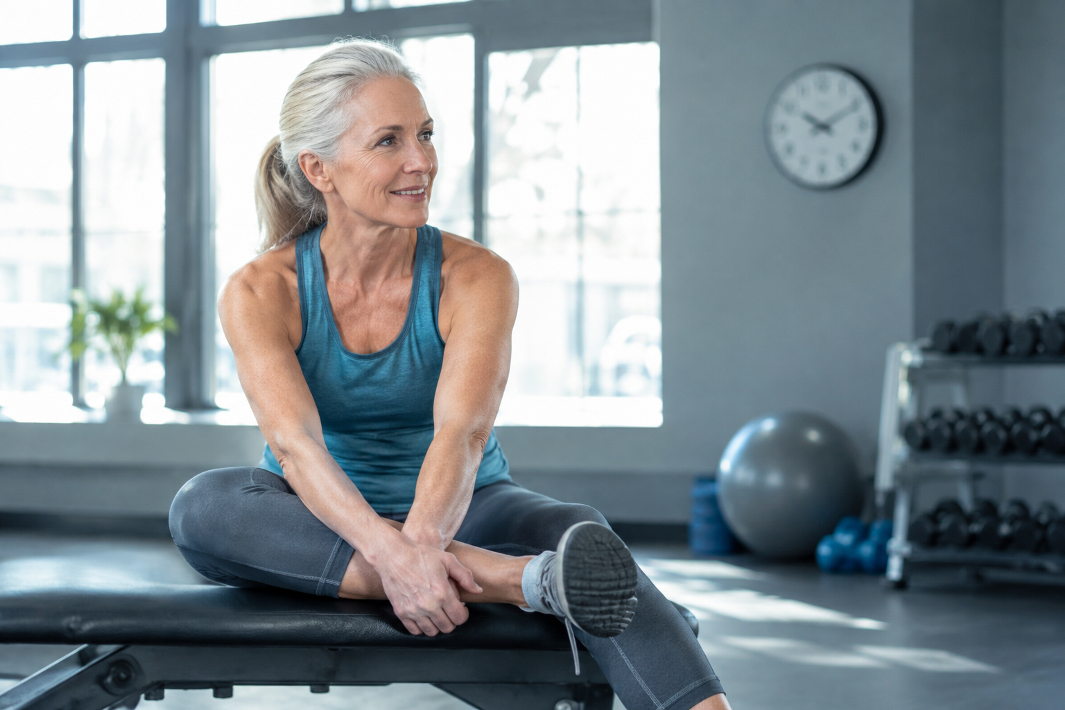 Senior woman stretching during a post-exercise cool-down in a bright gym studio