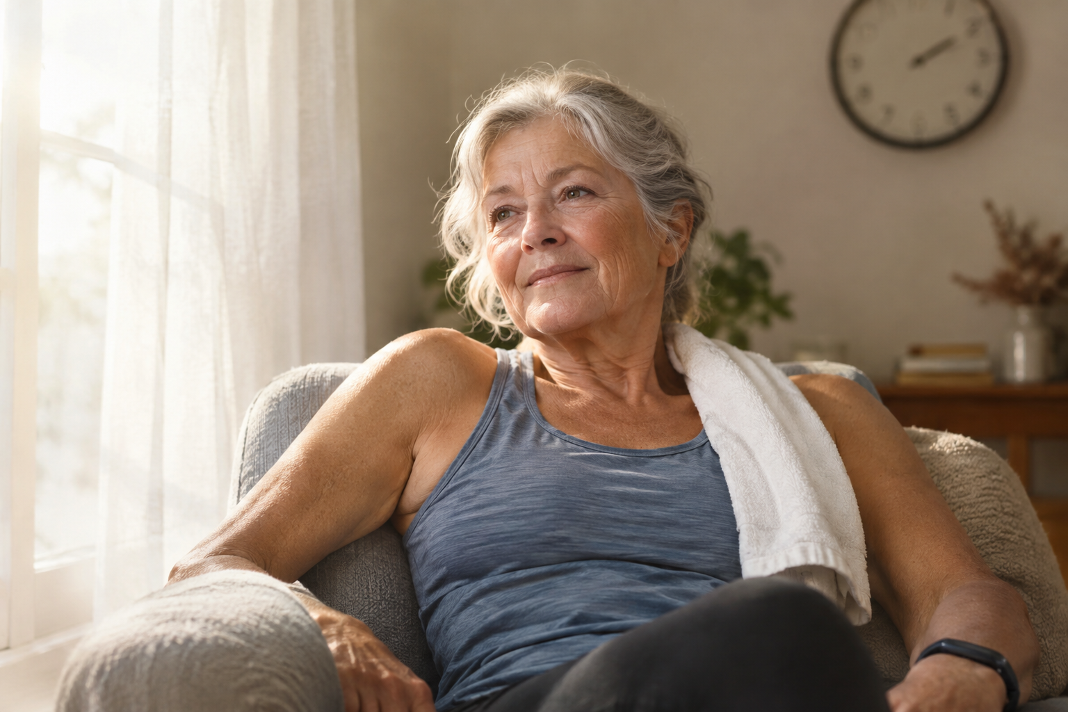 Older woman resting at home during post-exercise recovery period