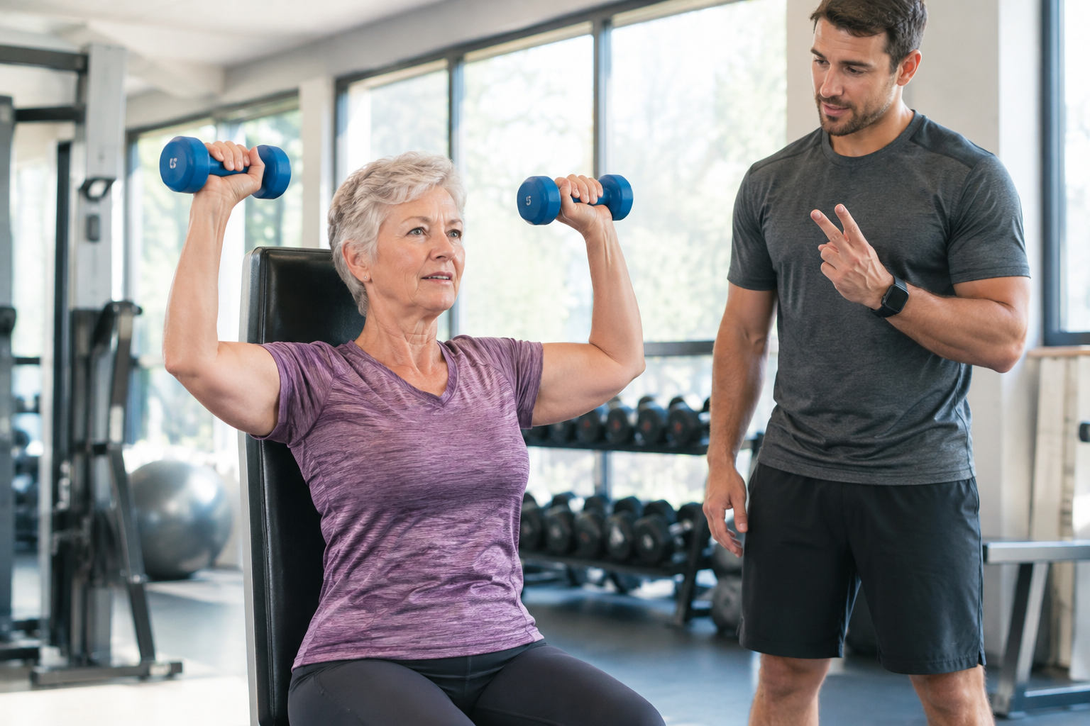 Senior woman performing a controlled dumbbell shoulder press with a trainer nearby, illustrating gradual strength progression