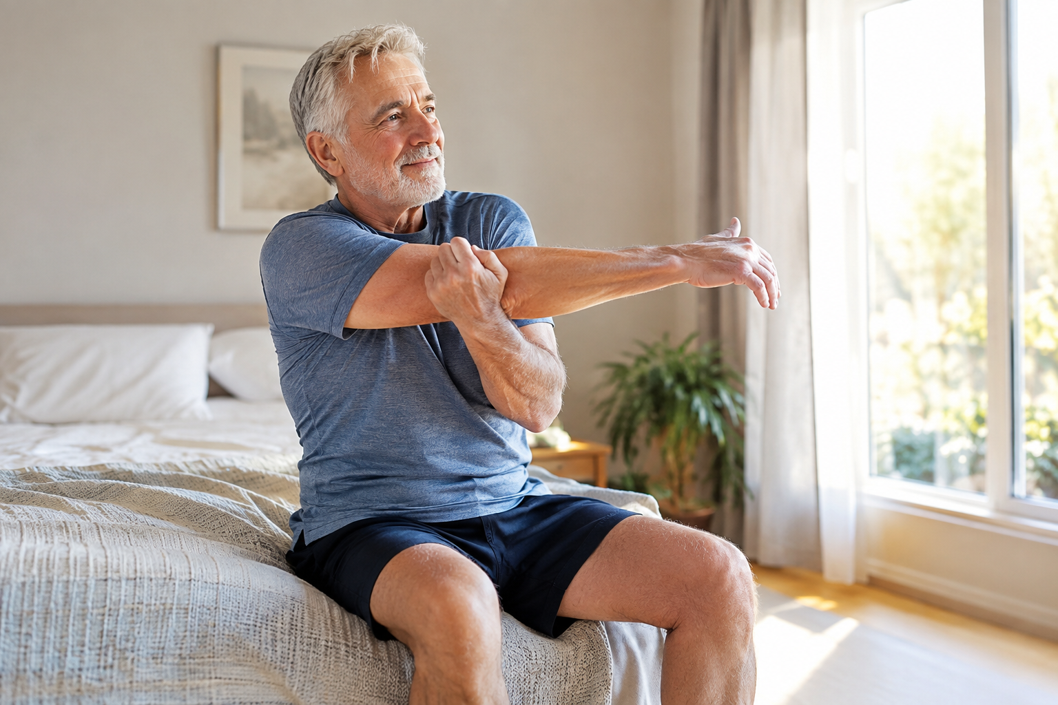 Senior man stretching gently at home, representing rest and recovery time between workouts