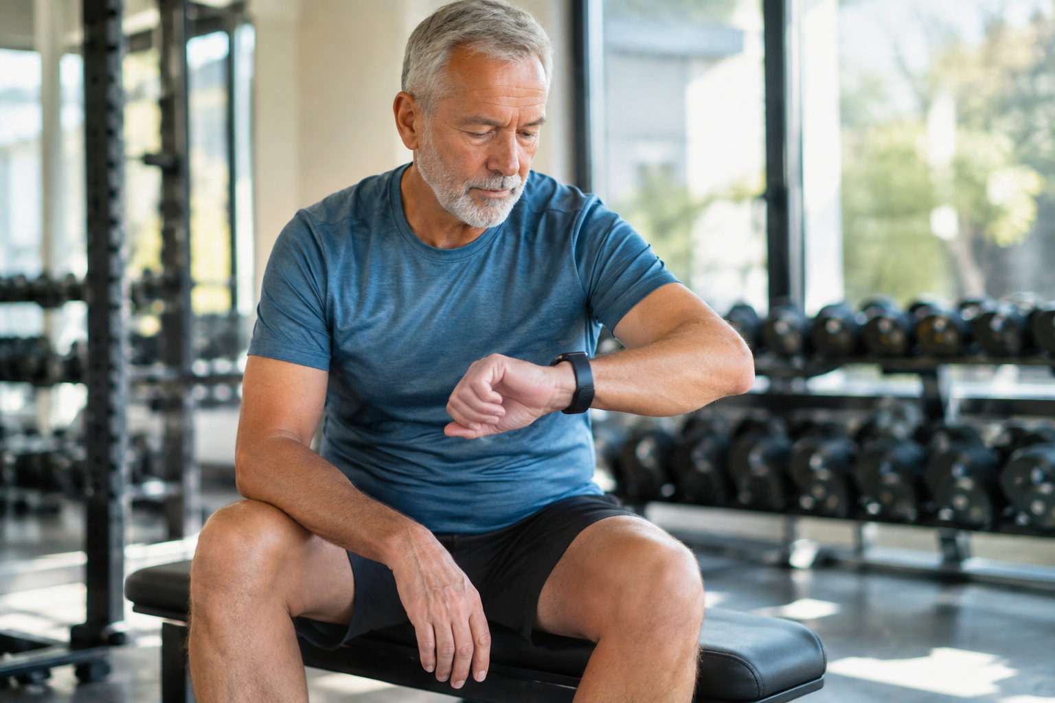 Senior man checking his watch while resting between sets at the gym