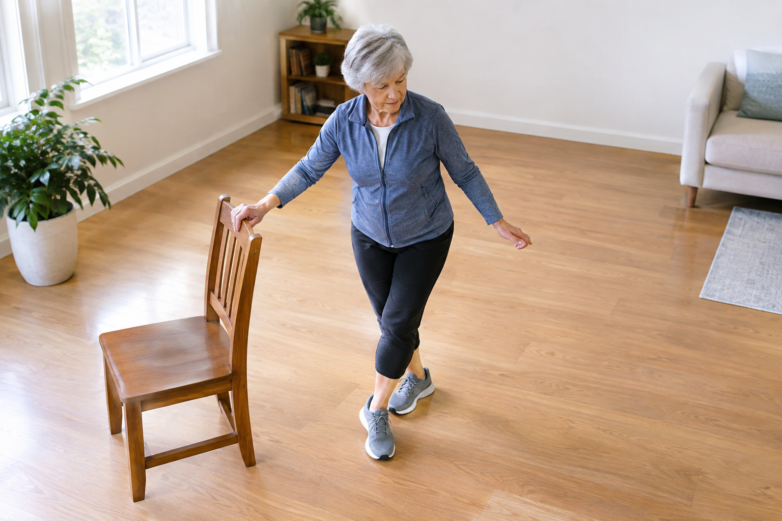 Elderly woman practicing a step-turn balance drill near a chair in a bright living room