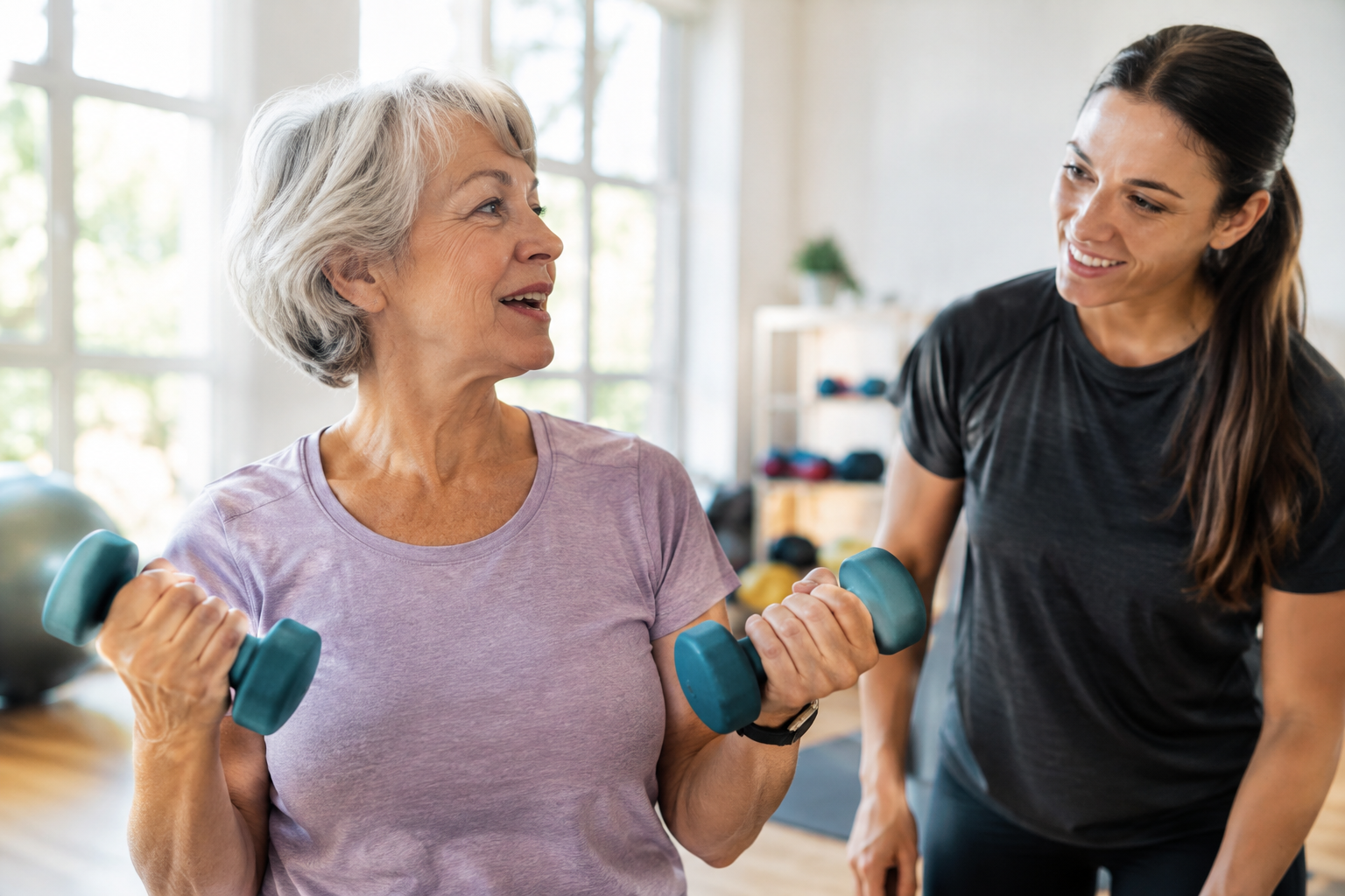 Senior woman talking with her trainer while lifting light weights, demonstrating the talk test during strength training