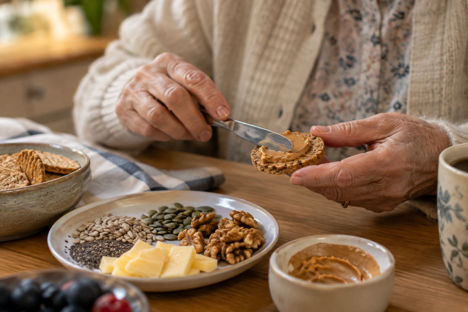 Senior hands preparing a nutrient-dense small snack with peanut butter and crackers