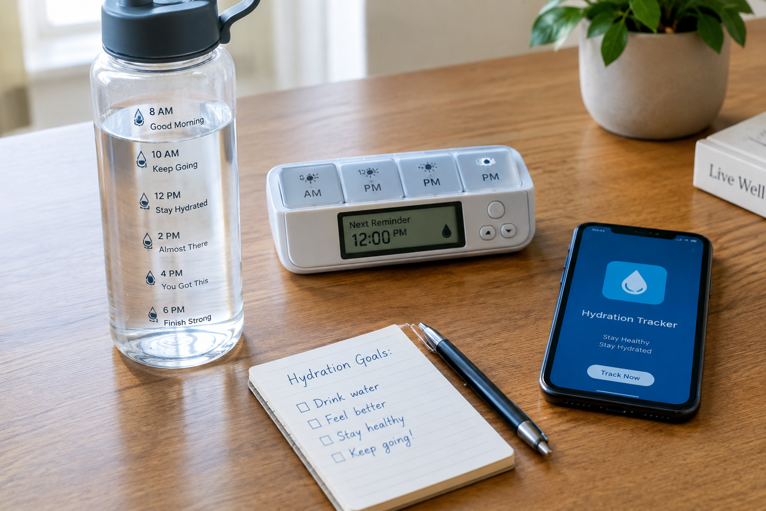 Hydration reminder tools including a marked water bottle and tracking app on a table