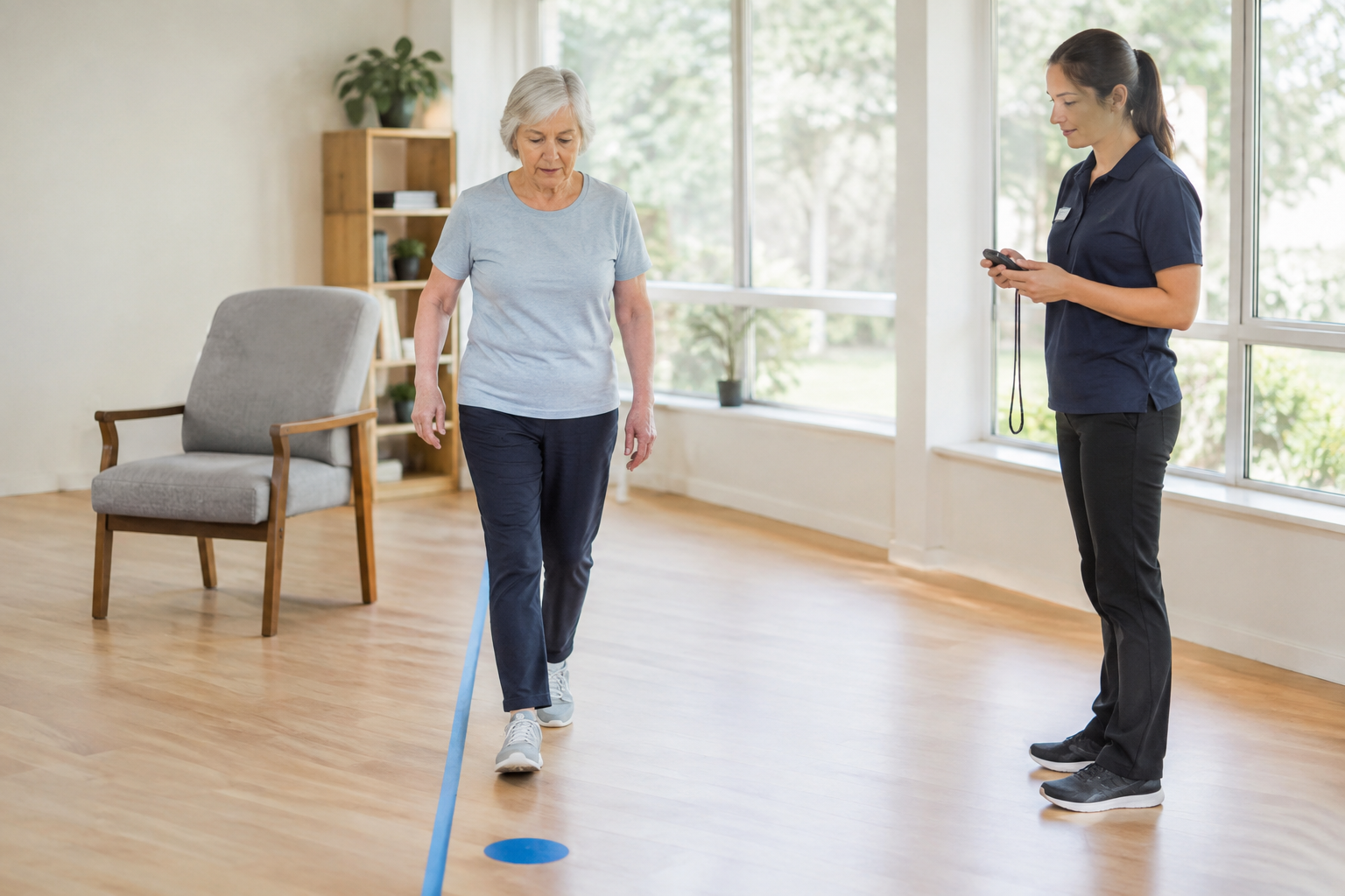 Person walking across a room while a caregiver times the Timed Up and Go test
