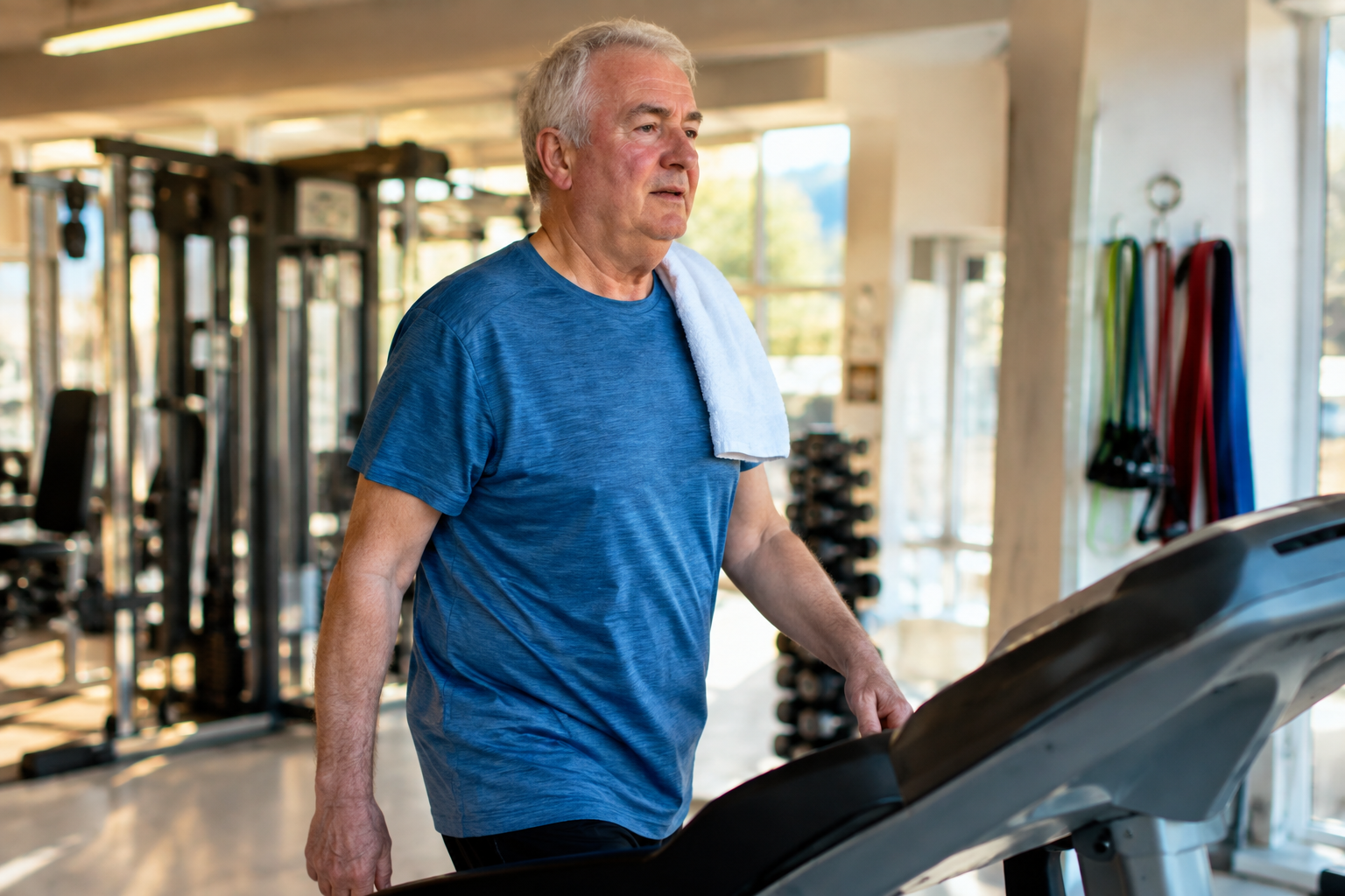 Senior man walking on a treadmill to cool down after strength training