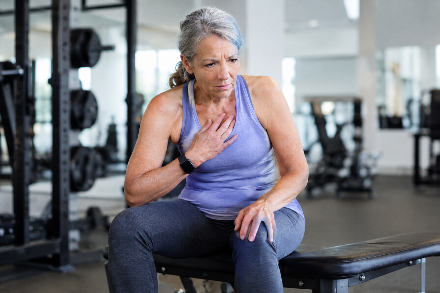 Senior woman pausing during exercise to check in with her body for warning signs