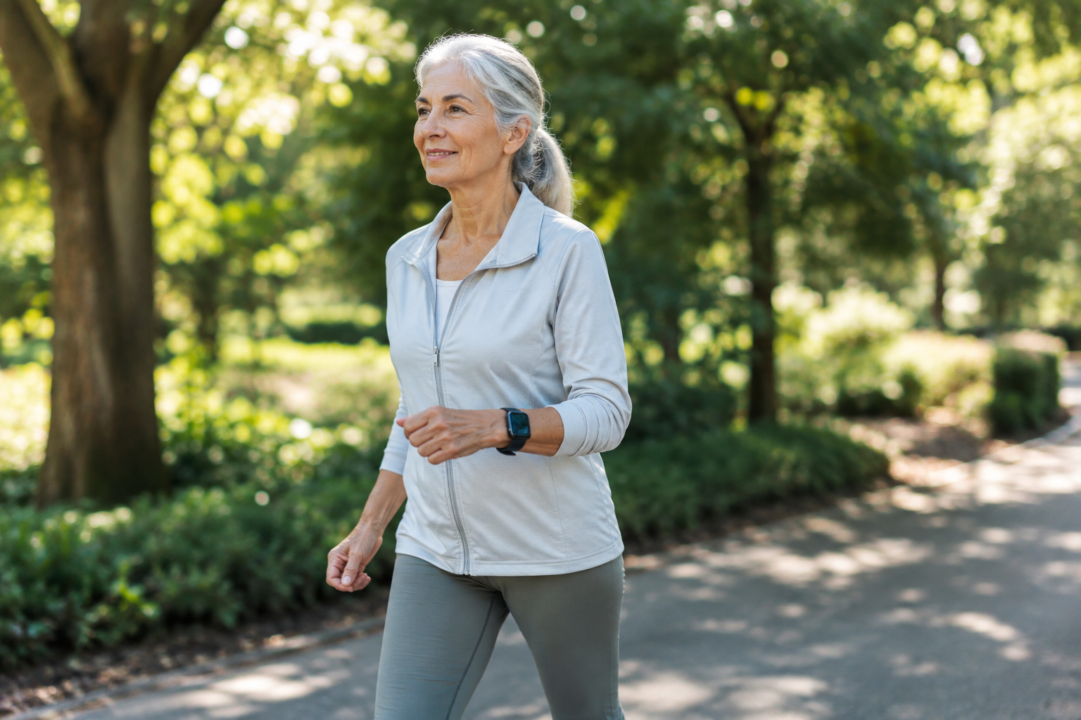 Senior woman walking at a steady pace outdoors while wearing a fitness tracker