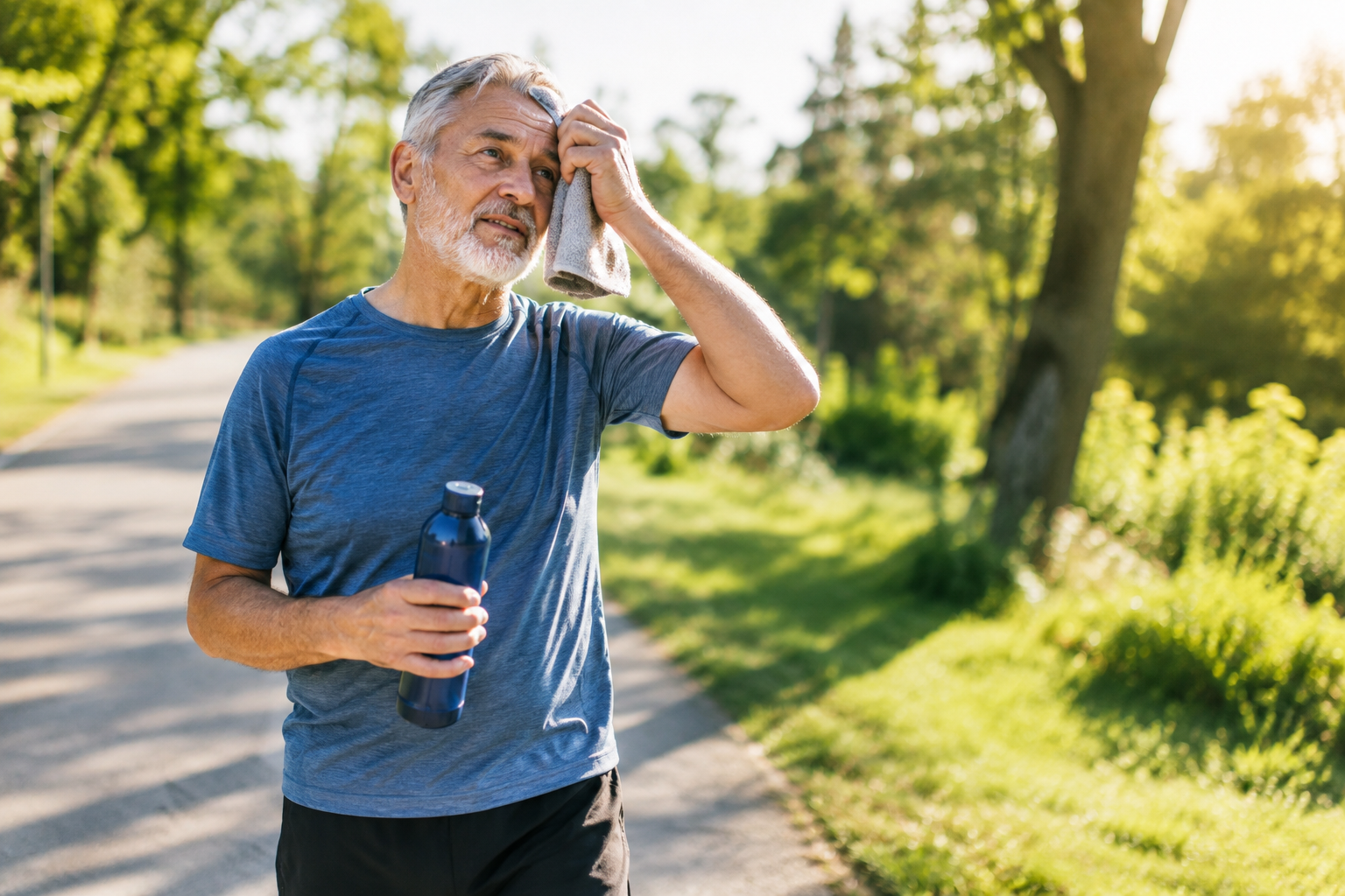 Older man taking a water break during outdoor exercise on a warm day