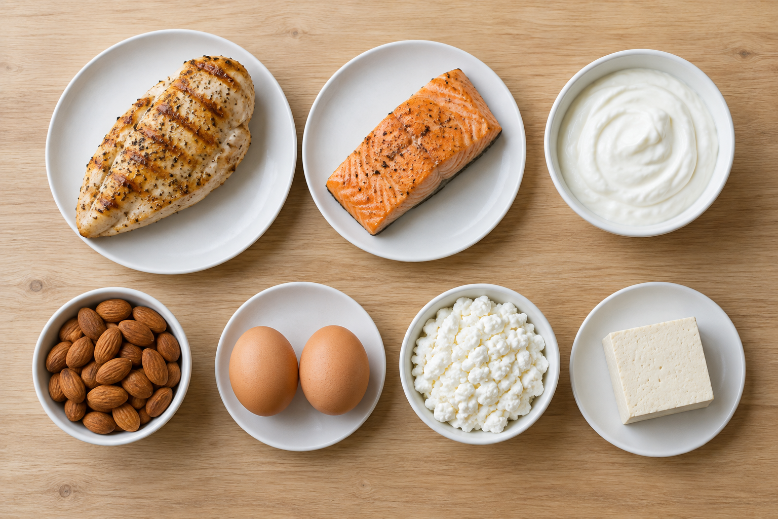Assortment of protein-rich foods including chicken, salmon, yogurt, almonds, and eggs arranged on a table