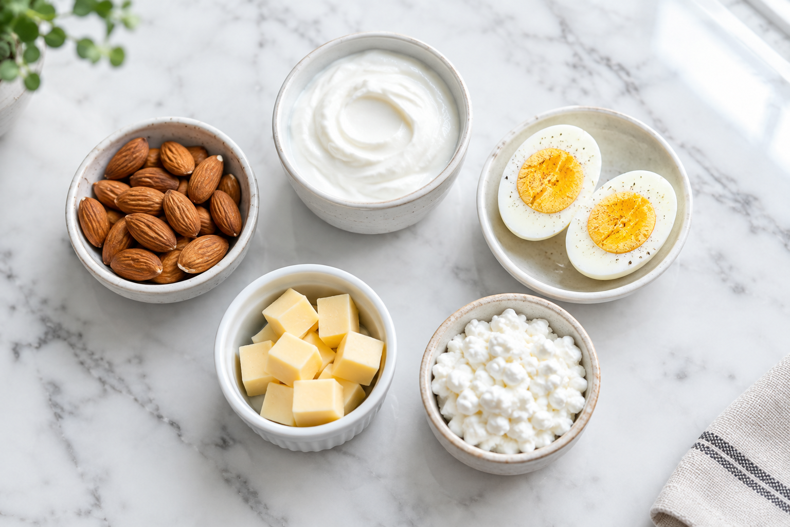 Small portions of various high-protein snacks arranged on a kitchen counter