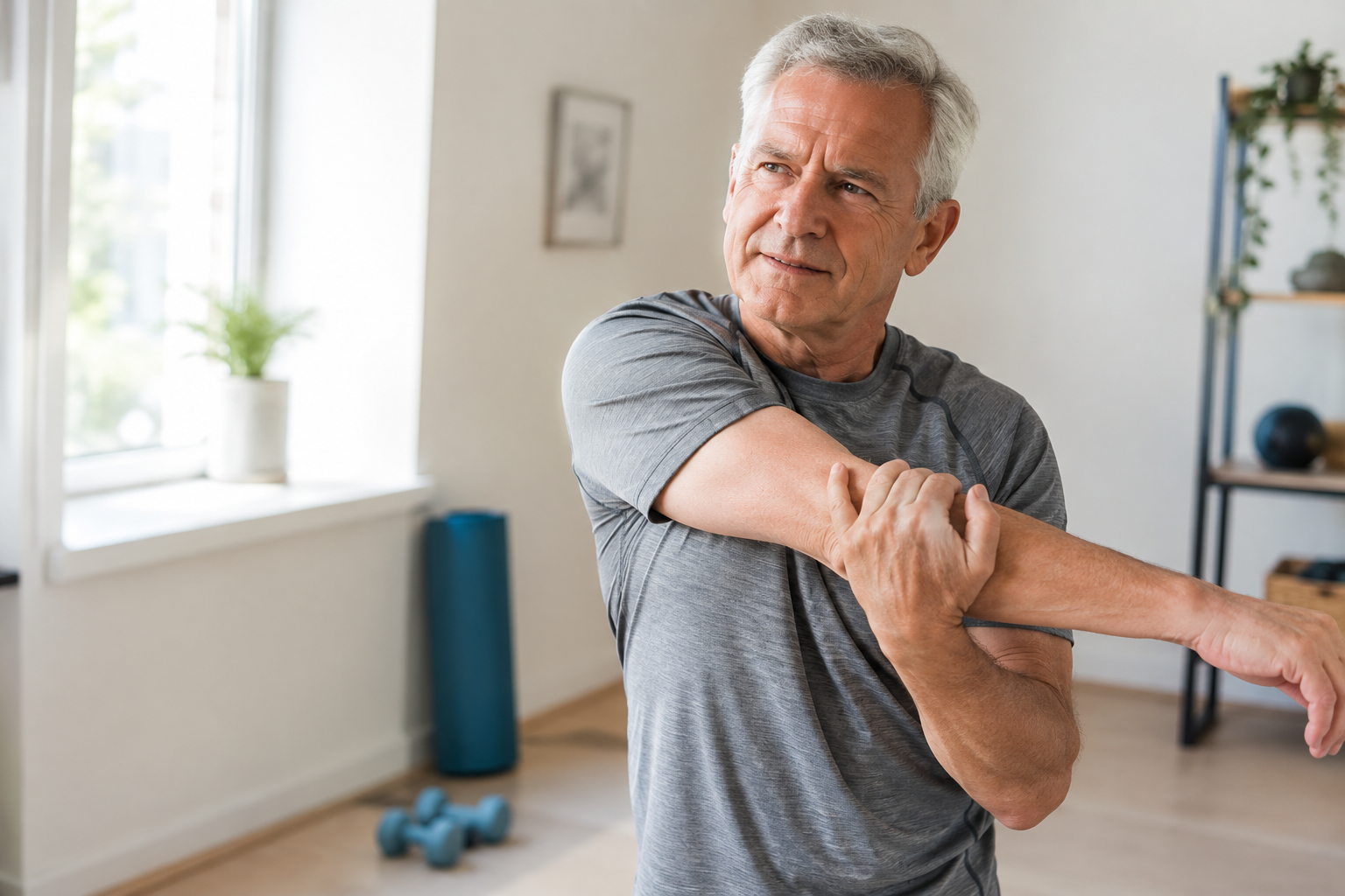 Senior man stretching his sore arm after a strength training session