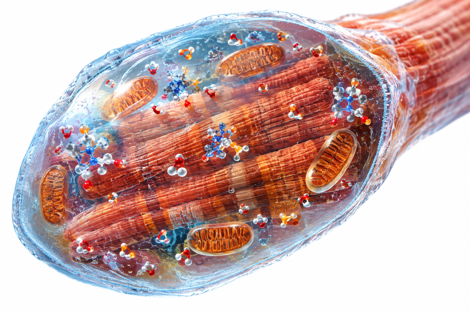 Cross-section illustration of a muscle cell showing creatine and water molecules inside