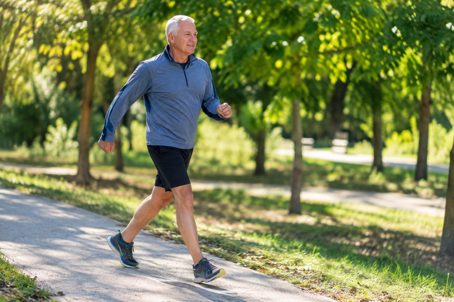 Senior man walking briskly outdoors on a park path